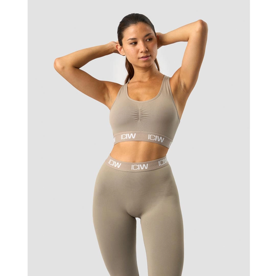 Icaniwill Define Seamless Logo Scrunch Sports Bra Taupe S
