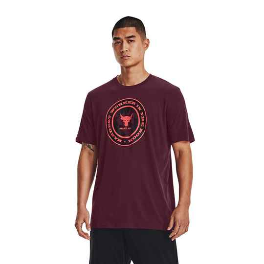 UA Project Rock Globe SS, Dark Maroon/Blitz Red
